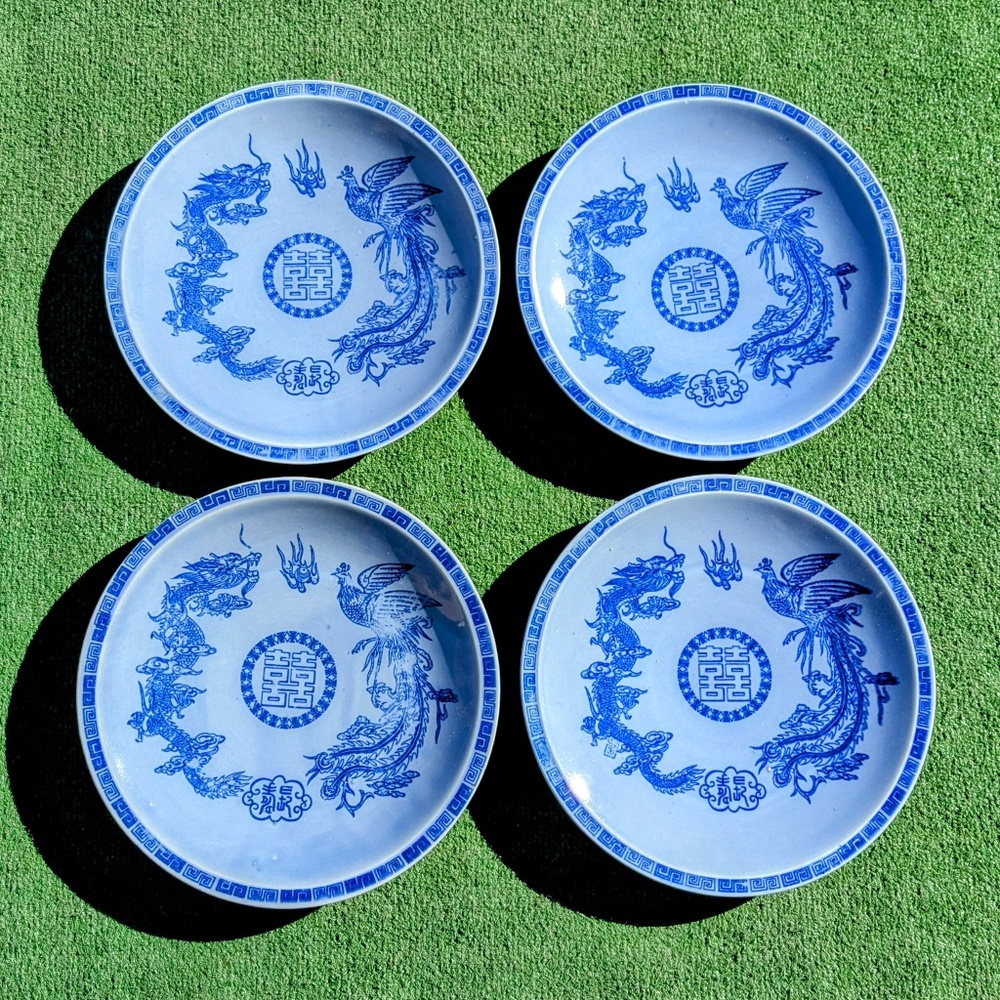 Japanese Dragon & Peacock Handmade 1960's VTG Blue/White Porcelain 4pc Set GUC